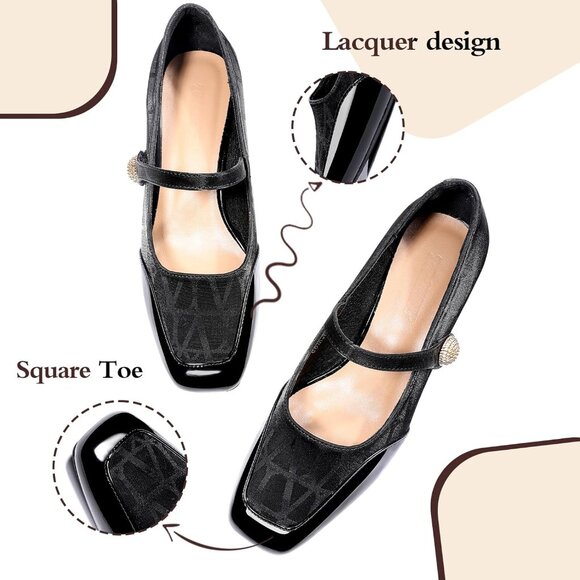 Women's Black  Square Toe Mary Jane Comfortable Closed Toe Chunky Block Heels - Picture 2 of 8